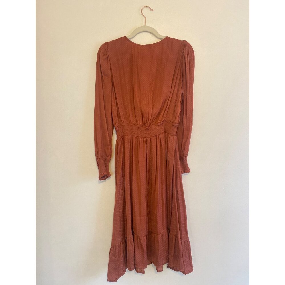 Dusty Pink Midi Dress With Polka Dot Pattern & Smocked Waist & Wrist Size L - Picture 5 of 8